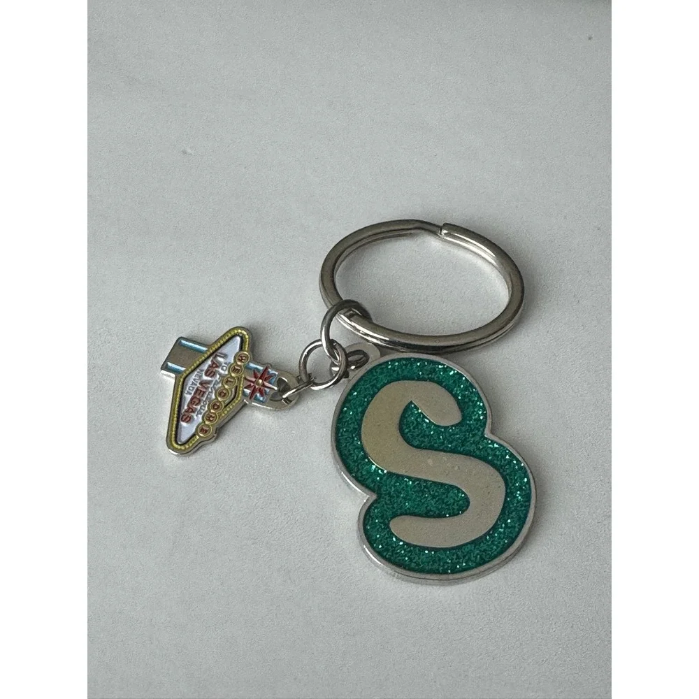 Swibco Las Vegas Keychain Initial S Green Glitter Souvenir Metal Key Ring 02734‎